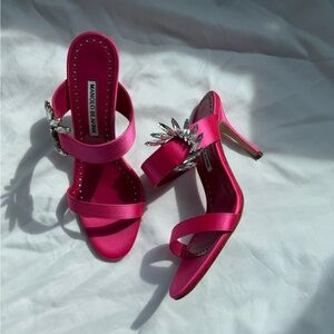 Manolo Blahnik Fuchsia Chivela 90 Satin Heels with Silver Accents size 37.5